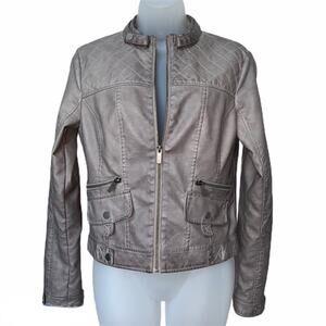 BLANC NOIR Women's Gray Faux Leather Full Zip Long Sleeve Moto Jacket